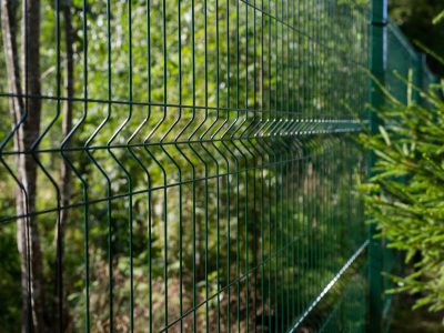 This image shows a green wire fence used in an outdoor area.